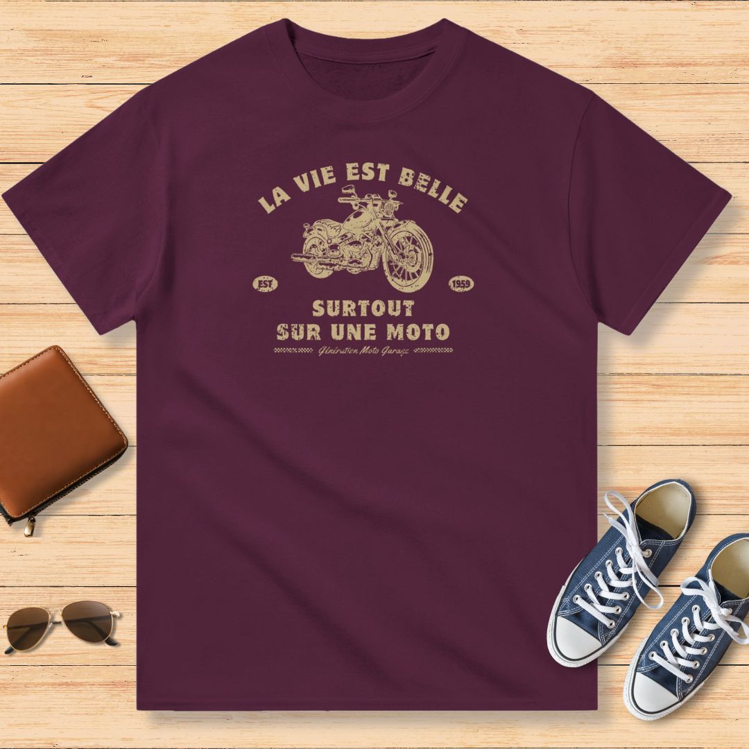 La Vie Est Belle Moto T-Shirt Maroon