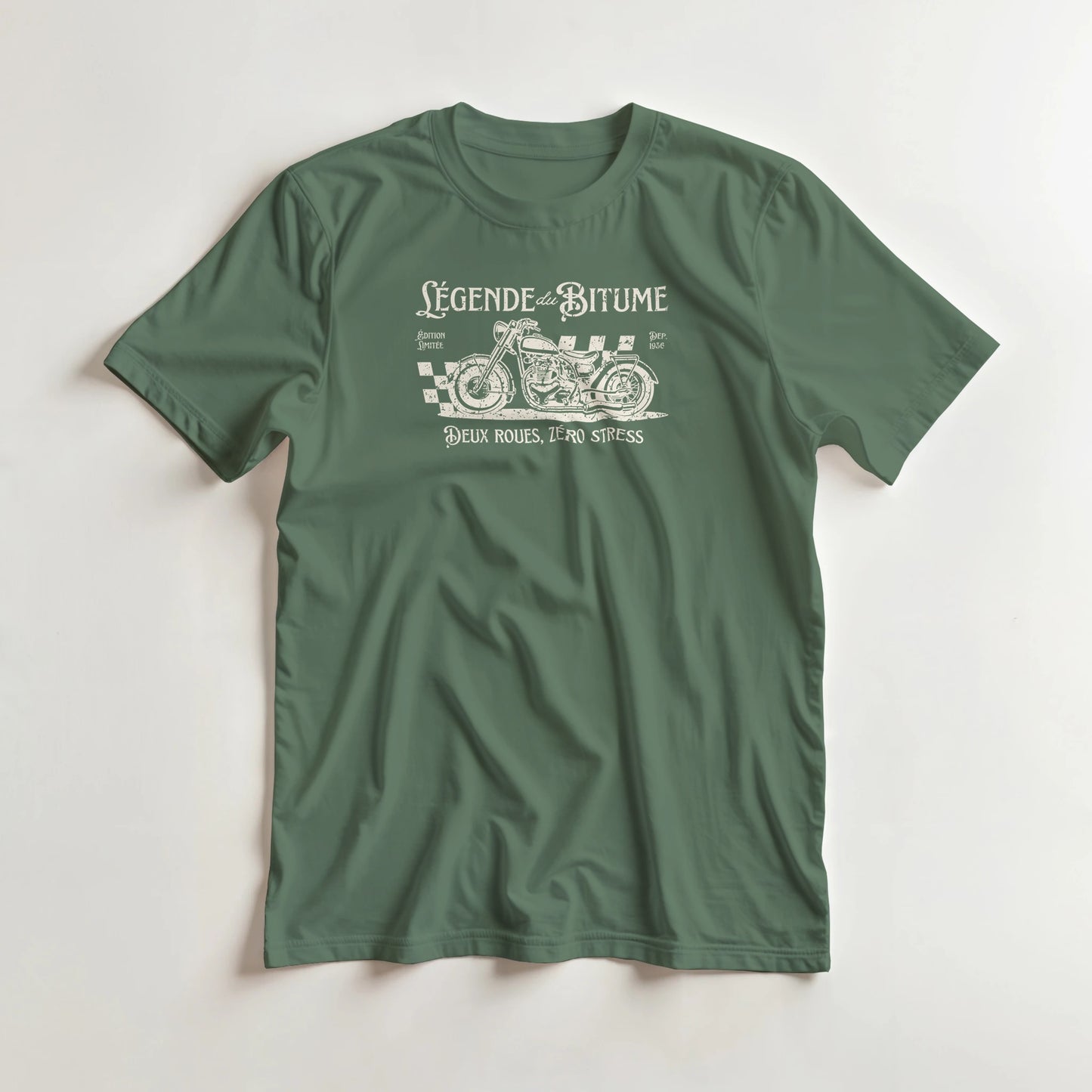 T-shirt en coupe unisexe et 100% coton en Vert Mil. S imprimé avec un design Deux Roues, Zéro Stress T-Shirt .
