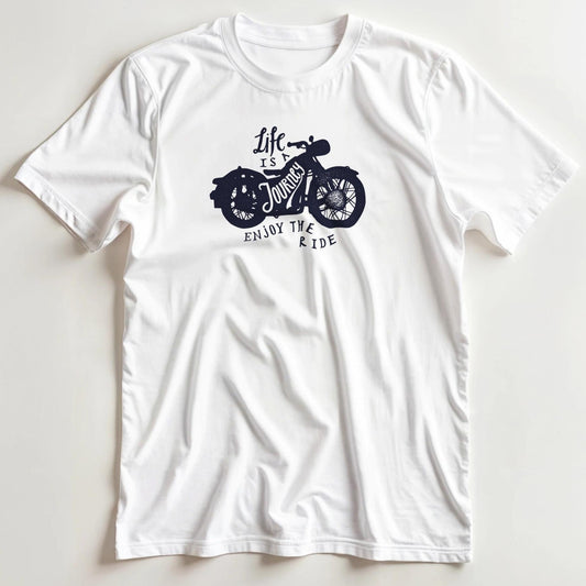 T-shirt en coupe unisexe et 100% coton en Blanc S imprimé avec un design Life Is A Journey Moto T-Shirt .