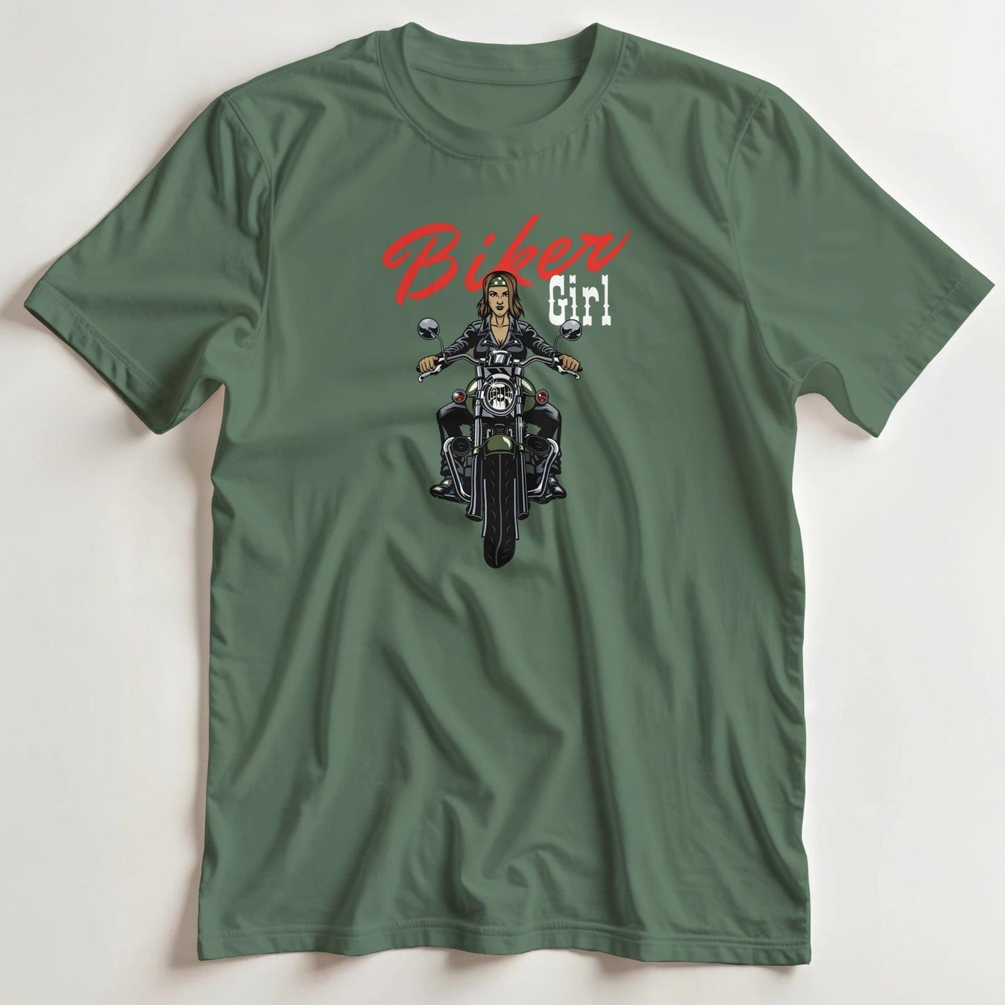 T-shirt en coupe unisexe et 100% coton en Vert Mil. 3XL imprimé avec un design Biker Girl T-Shirt .