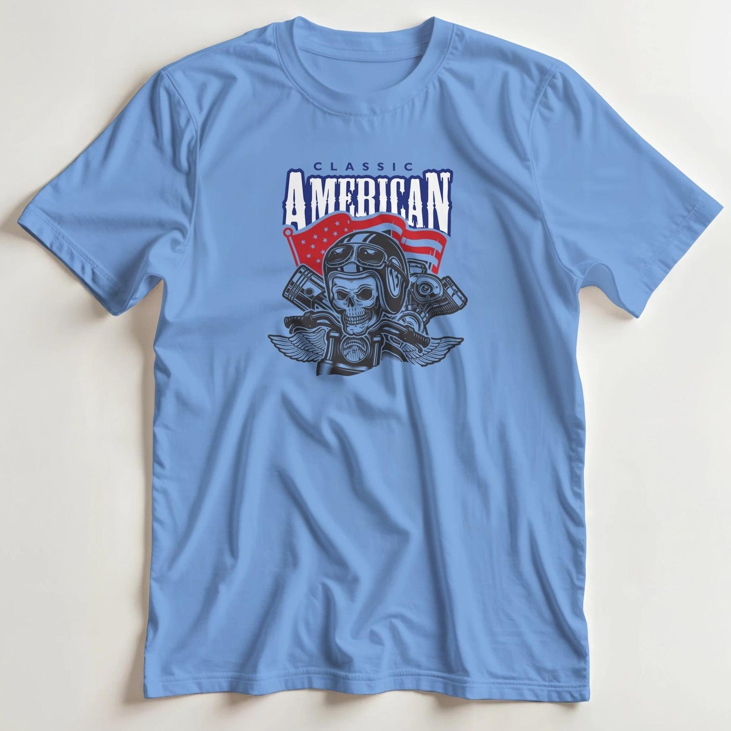 T-shirt en coupe unisexe et 100% coton en Carolina Blue XL imprimé avec un design Classic American T-Shirt .