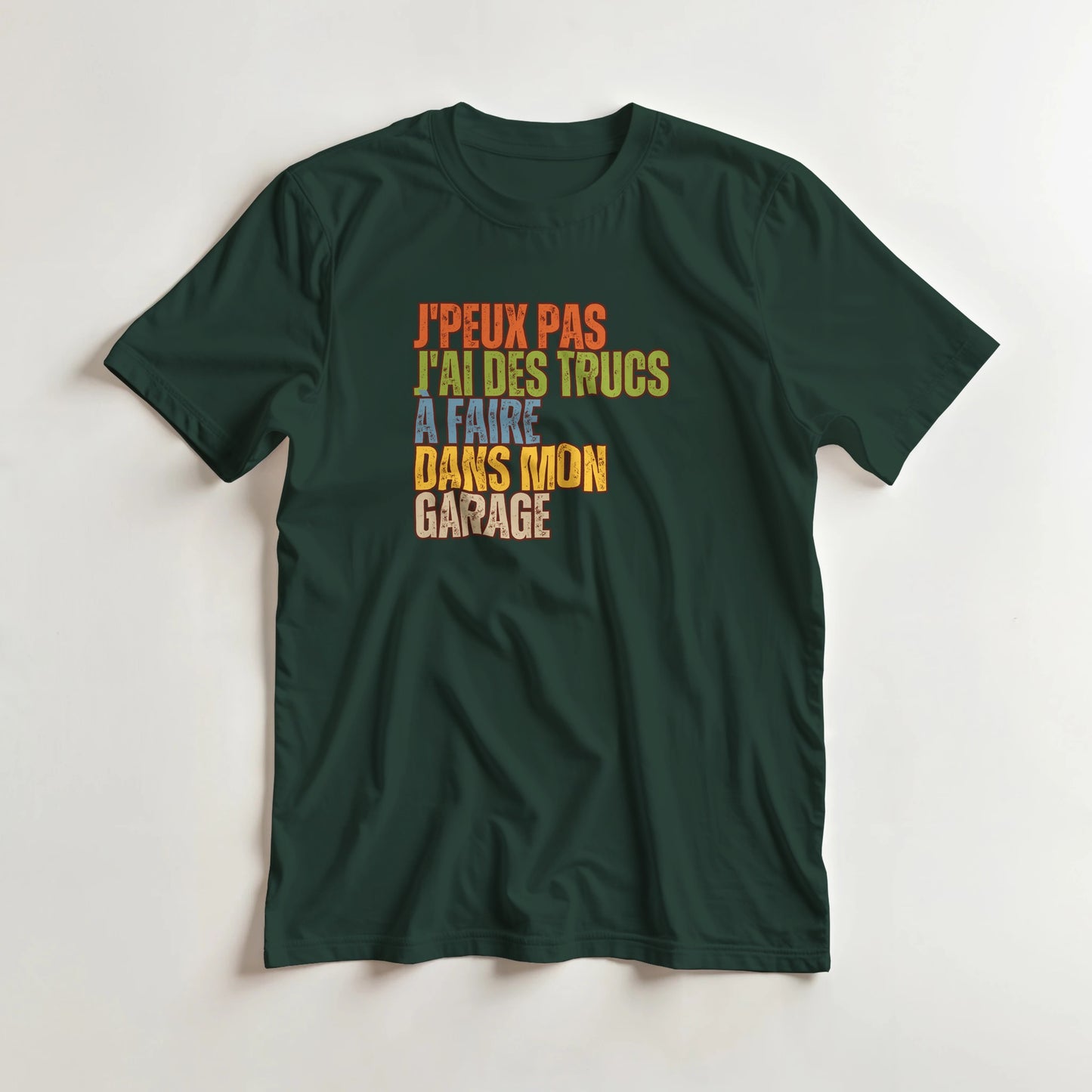 T-shirt en coupe unisexe et 100% coton en Forest Green M imprimé avec un design J'Peux Pas Mon Garage T-Shirt .