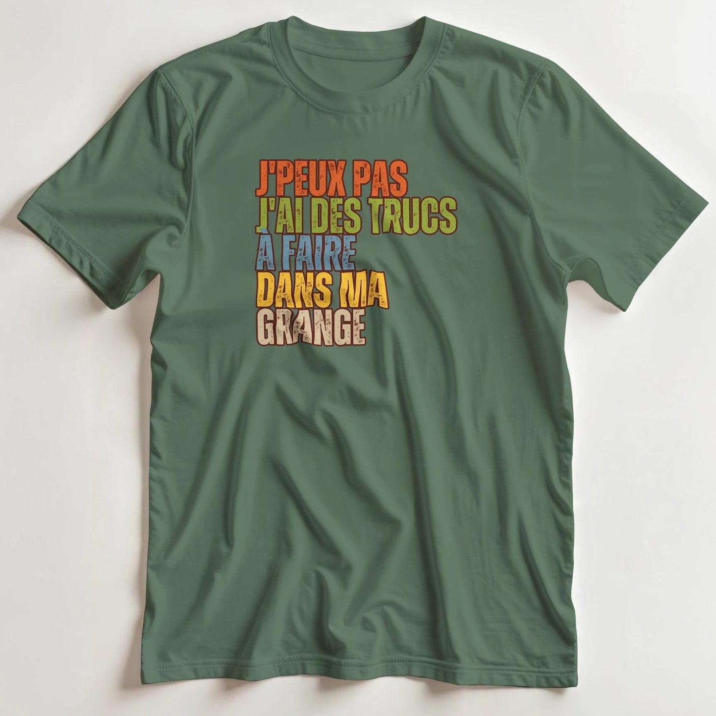 T-shirt en coupe unisexe et 100% coton en Vert Mil. L imprimé avec un design J'Peux Pas Grange T-Shirt .