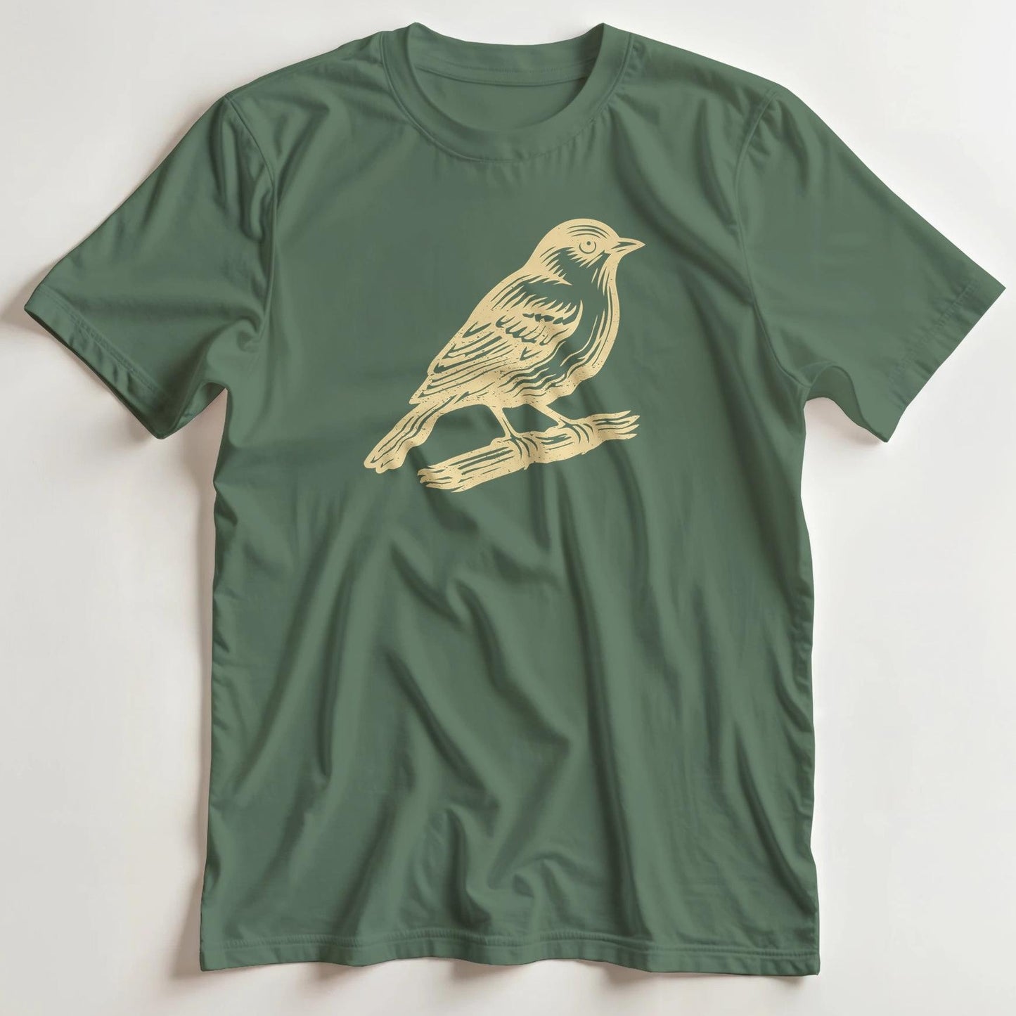 T-shirt en coupe unisexe et 100% coton en Vert Mil. imprimé avec un design Oiseau T-Shirt .