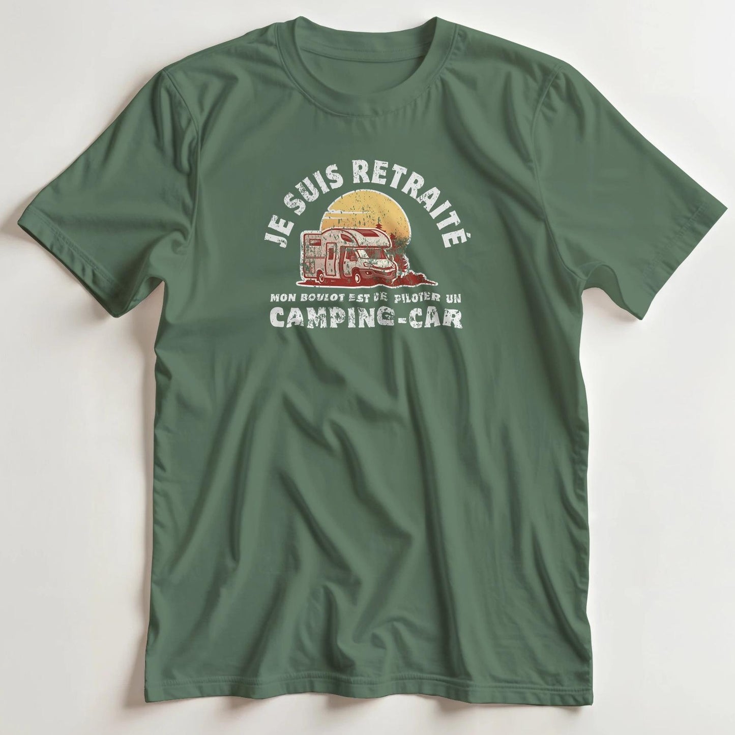 T-shirt en coupe unisexe et 100% coton en Vert militaire M imprimé avec un design Camping-Car T-Shirt .