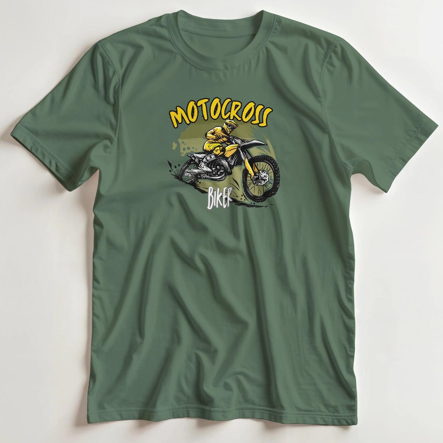 T-shirt en coupe unisexe et 100% coton en Vert Mil. M imprimé avec un design Motocross Biker T-Shirt .