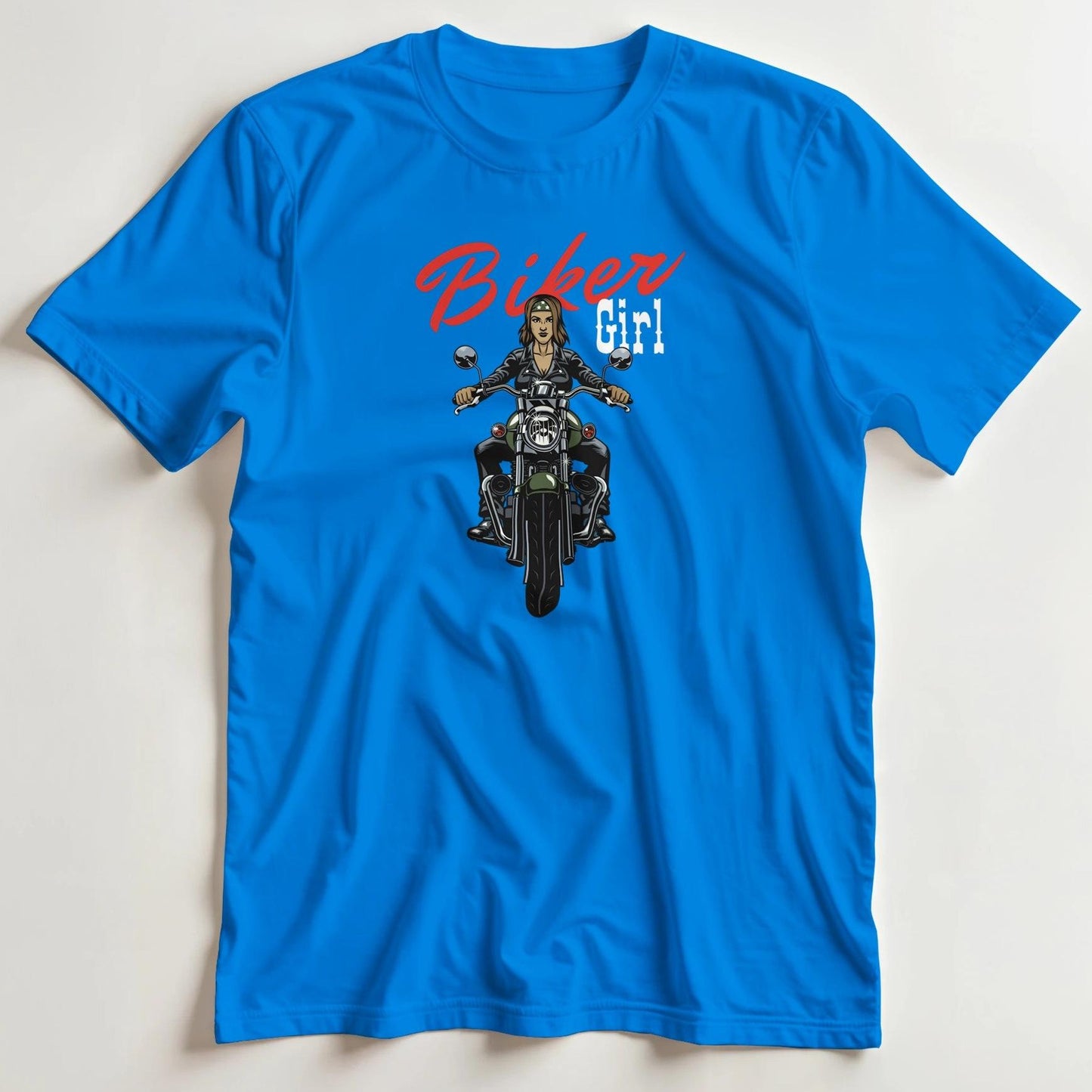 T-shirt en coupe unisexe et 100% coton en Royal M imprimé avec un design Biker Girl T-Shirt .