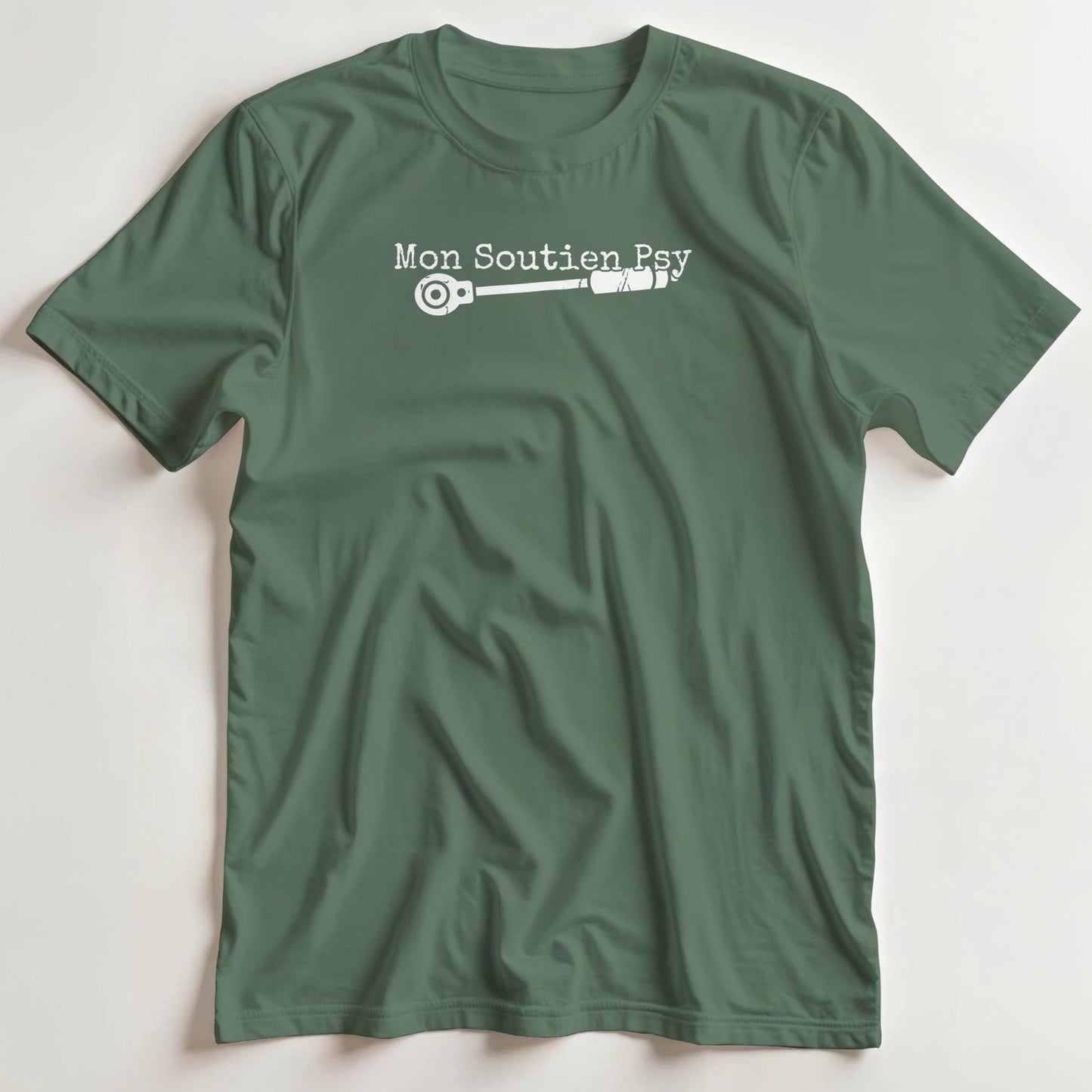 T-shirt en coupe unisexe et 100% coton en Vert Mil. L imprimé avec un design Mon Soutien Psy T-Shirt .