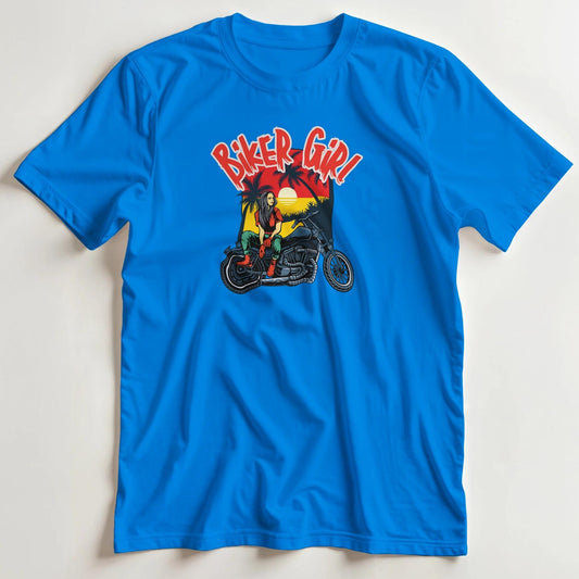 T-shirt en coupe unisexe et 100% coton en Royal S imprimé avec un design Biker Girl Motarde T-Shirt .