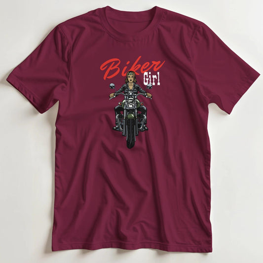 T-shirt en coupe unisexe et 100% coton en Bordeaux S imprimé avec un design Biker Girl T-Shirt .