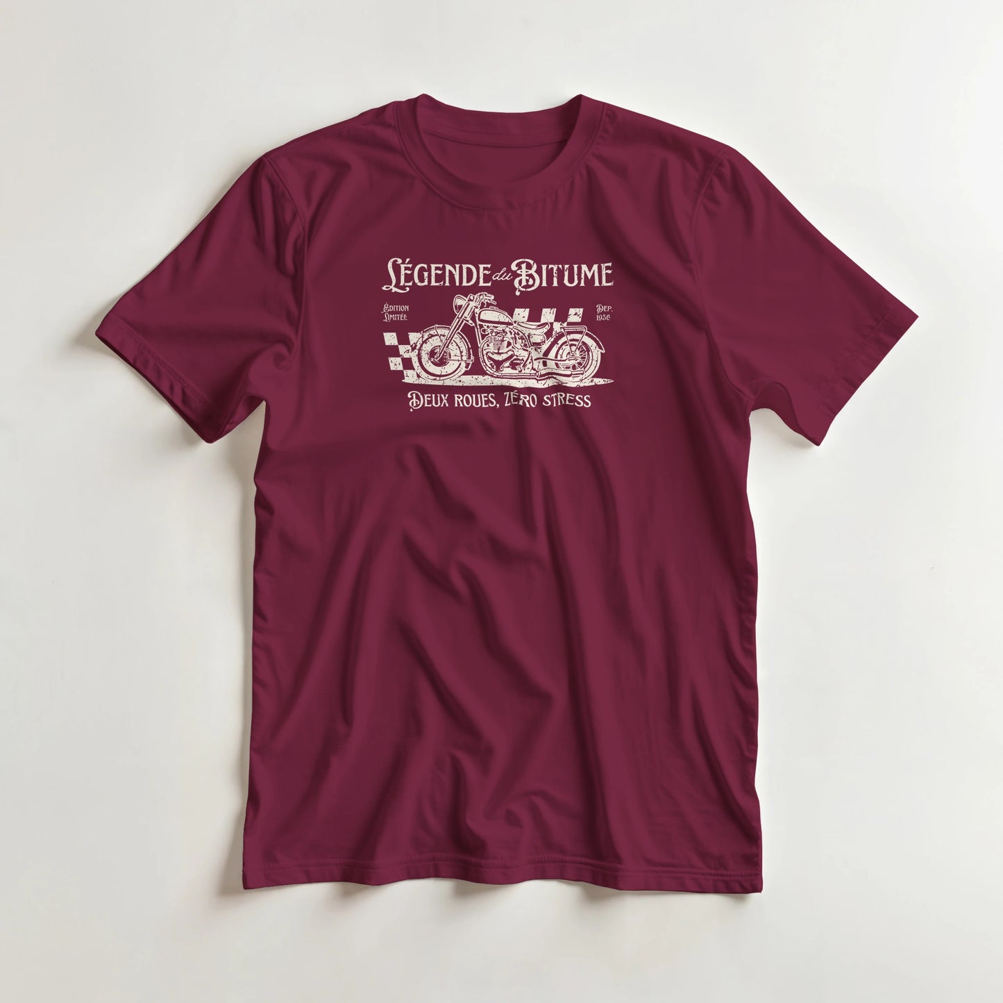 T-shirt en coupe unisexe et 100% coton en Bordeaux 2XL imprimé avec un design Deux Roues, Zéro Stress T-Shirt .