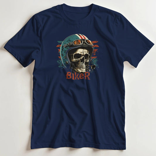 T-shirt en coupe unisexe et 100% coton en Navy S imprimé avec un design Biker Skull T-Shirt .