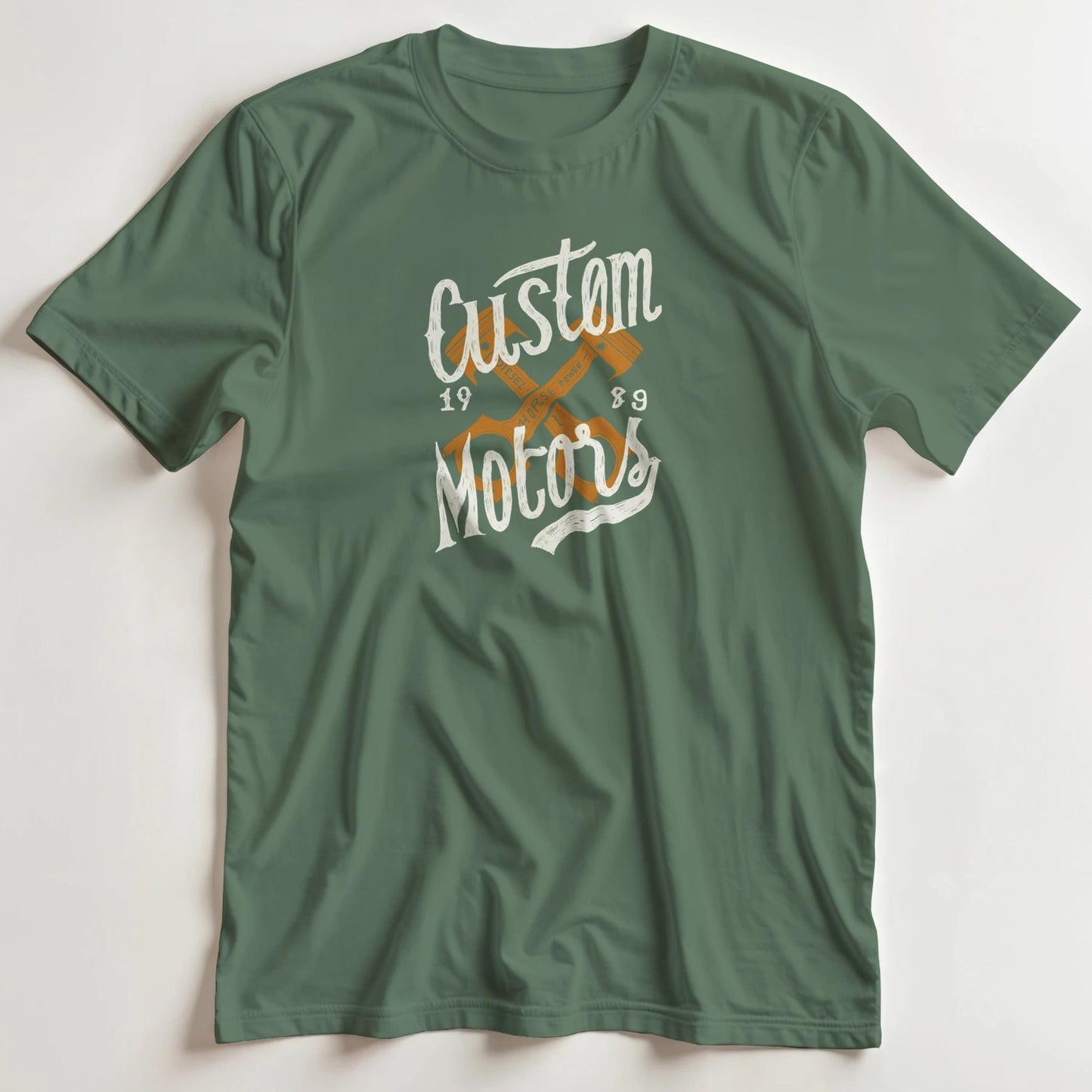 T-shirt en coupe unisexe et 100% coton en Vert Mil. imprimé avec un design Custom Motors 1989 T-Shirt .