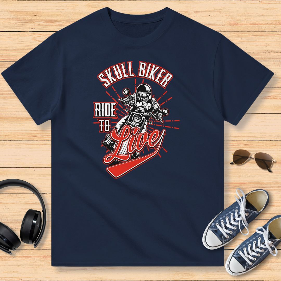 Skull Biker Rouge T-Shirt Marine