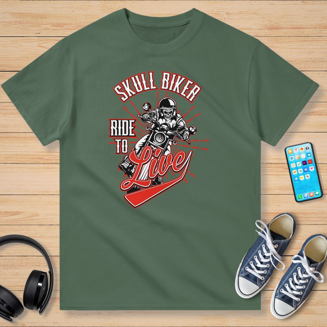 Skull Biker Rouge T-Shirt Vert militaire