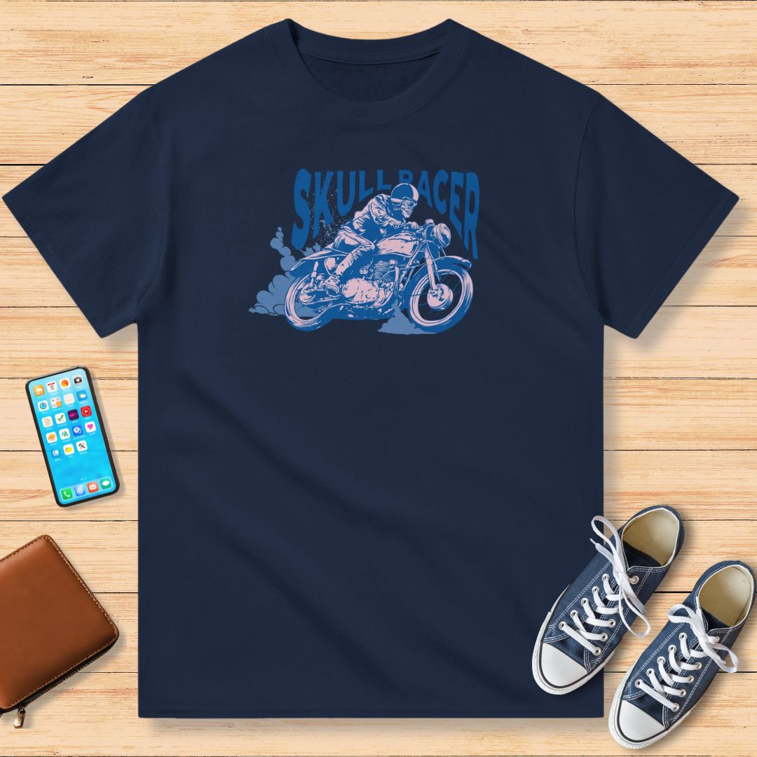 Skull Racer Bleu Moto T-Shirt Marine