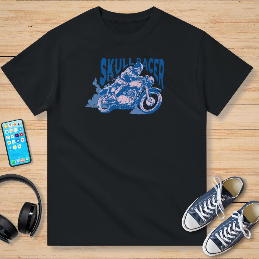 Skull Racer Bleu Moto T-Shirt Noir