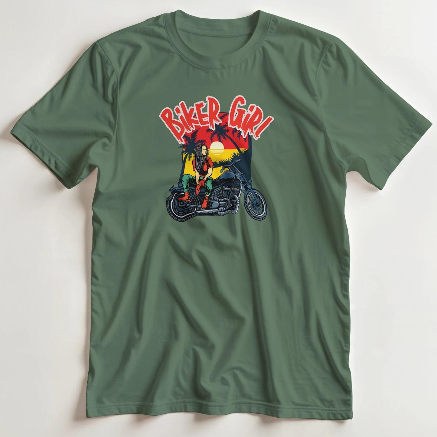 T-shirt en coupe unisexe et 100% coton en Vert Mil. 3XL imprimé avec un design Biker Girl Motarde T-Shirt .