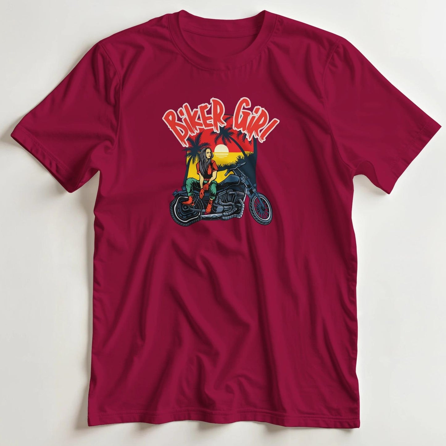 T-shirt en coupe unisexe et 100% coton en Rouge cardinal 2XL imprimé avec un design Biker Girl Motarde T-Shirt .