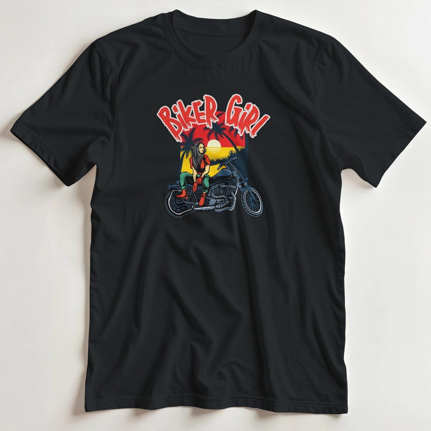 T-shirt en coupe unisexe et 100% coton en Noir L imprimé avec un design Biker Girl Motarde T-Shirt .
