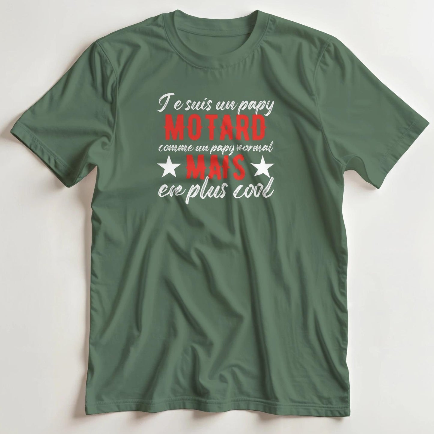 T-shirt en coupe unisexe et 100% coton en Vert militaire 3XL imprimé avec un design Papy Motard Cool T-Shirt .