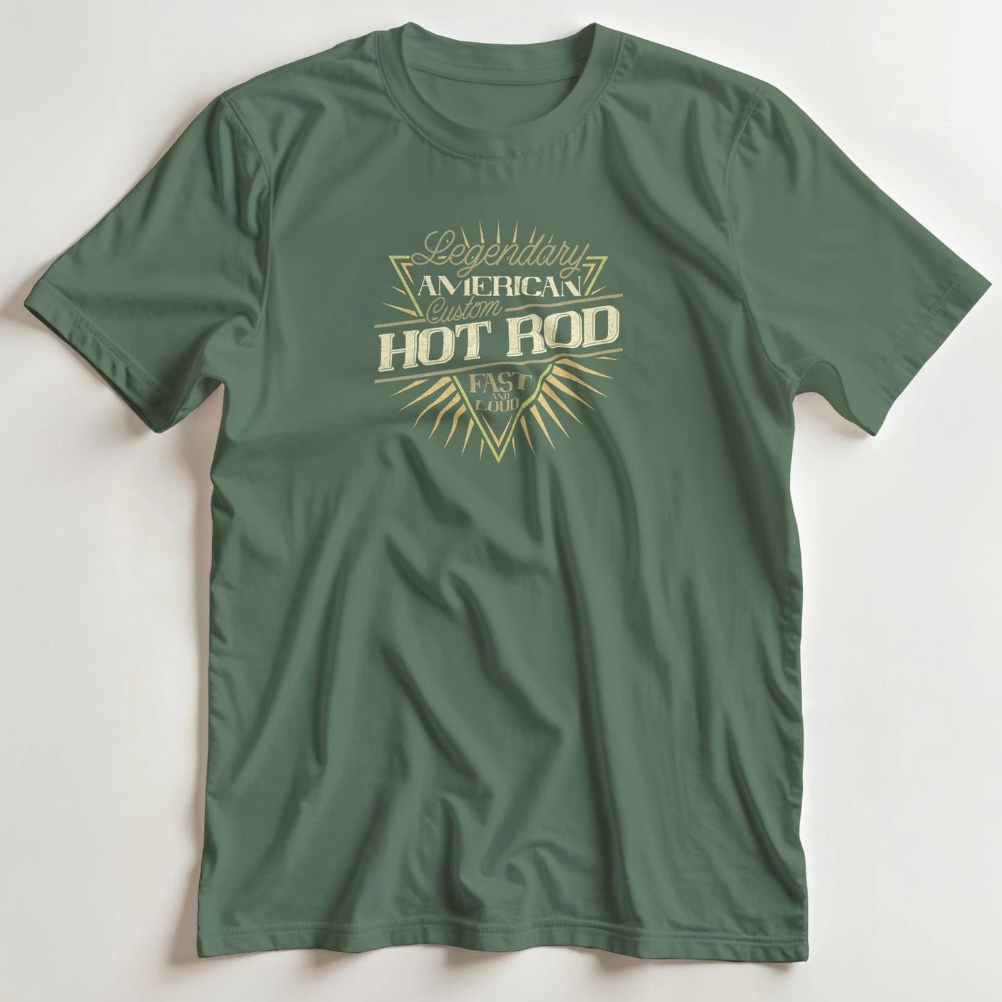 T-shirt en coupe unisexe et 100% coton en Vert Mil. L imprimé avec un design Custom Hot Rod T-Shirt .