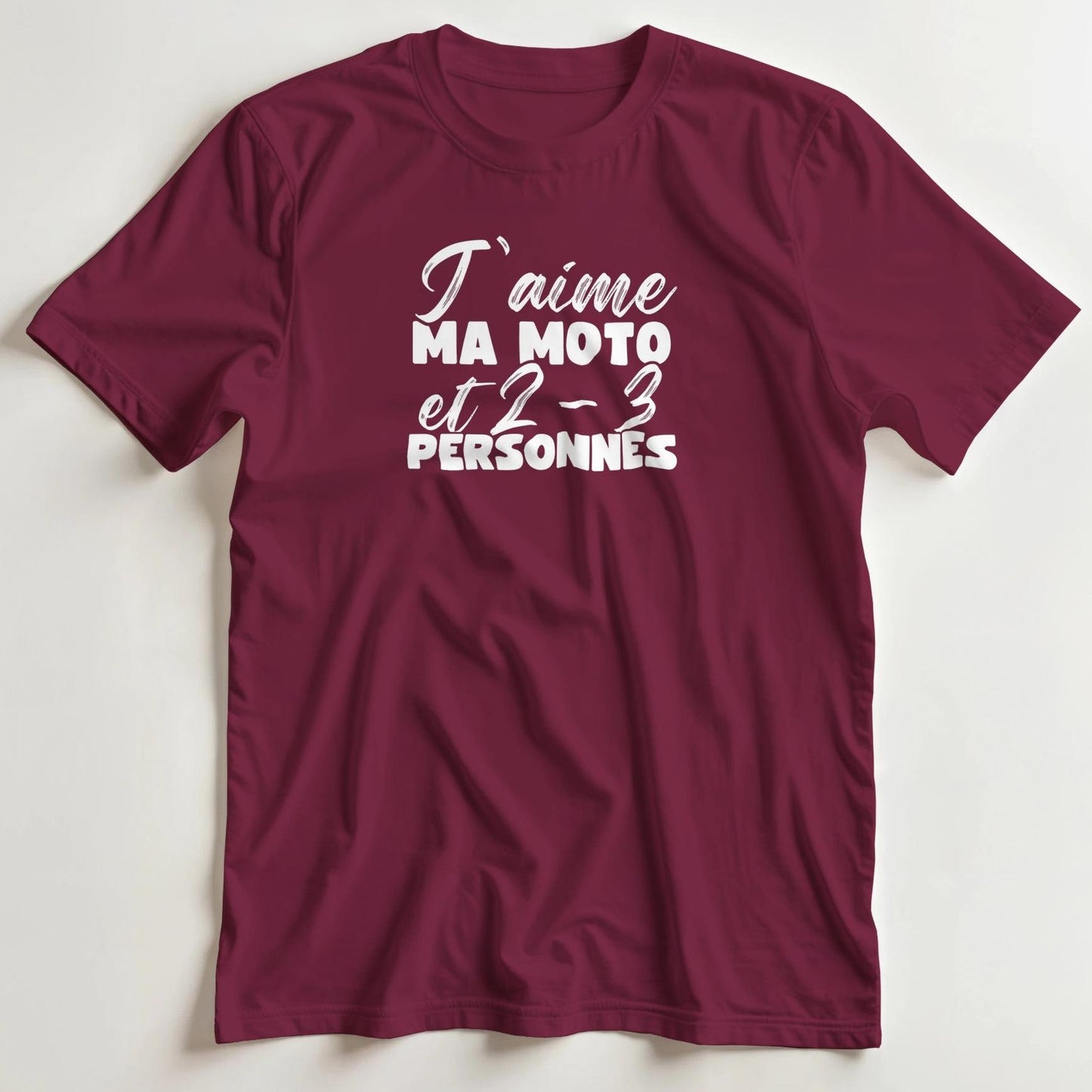 T-shirt en coupe unisexe et 100% coton en Bordeaux M imprimé avec un design J'aime Ma Moto T-Shirt .