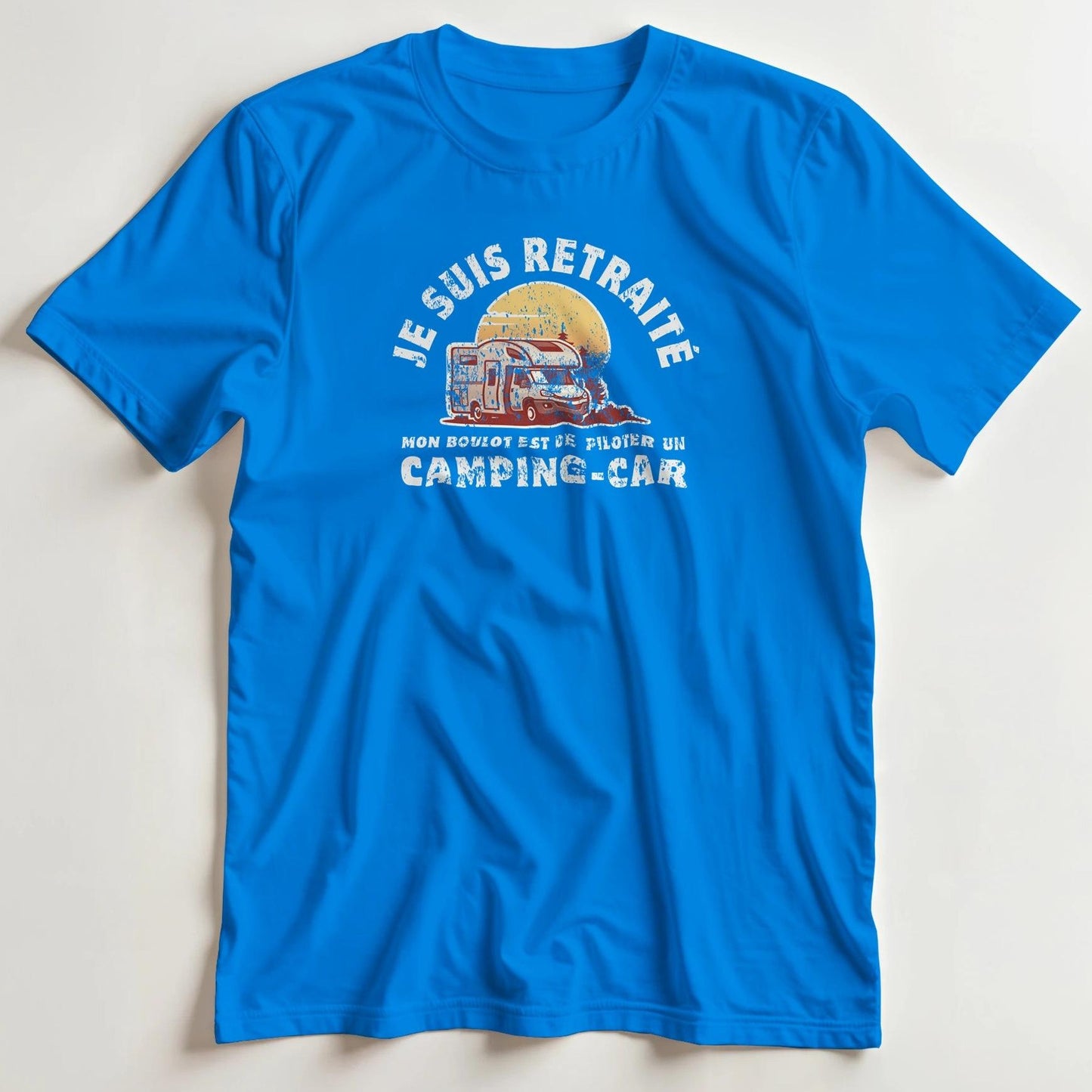 T-shirt en coupe unisexe et 100% coton en Royal XL imprimé avec un design Camping-Car T-Shirt .